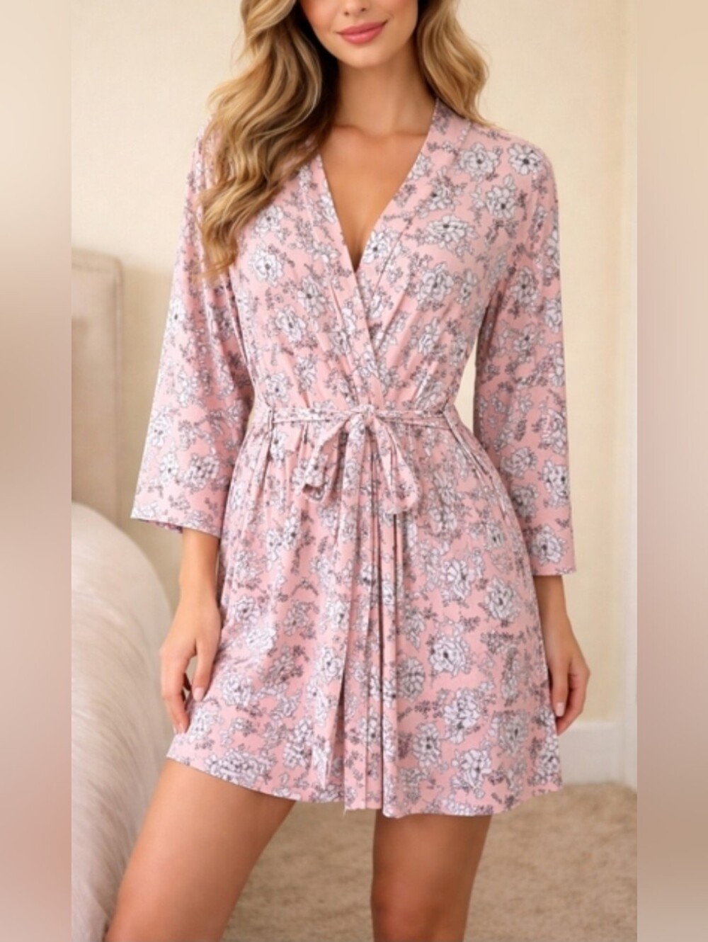 LALA Sleepwear Pink Floral Wrap Short Robe with Attached Belt Size 1X